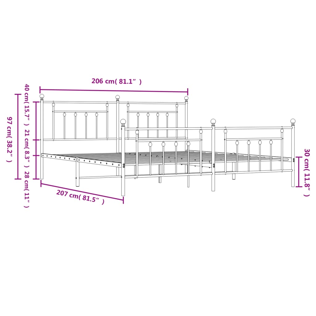 Metal Bed Frame without Mattress with Footboard White 200x200cm