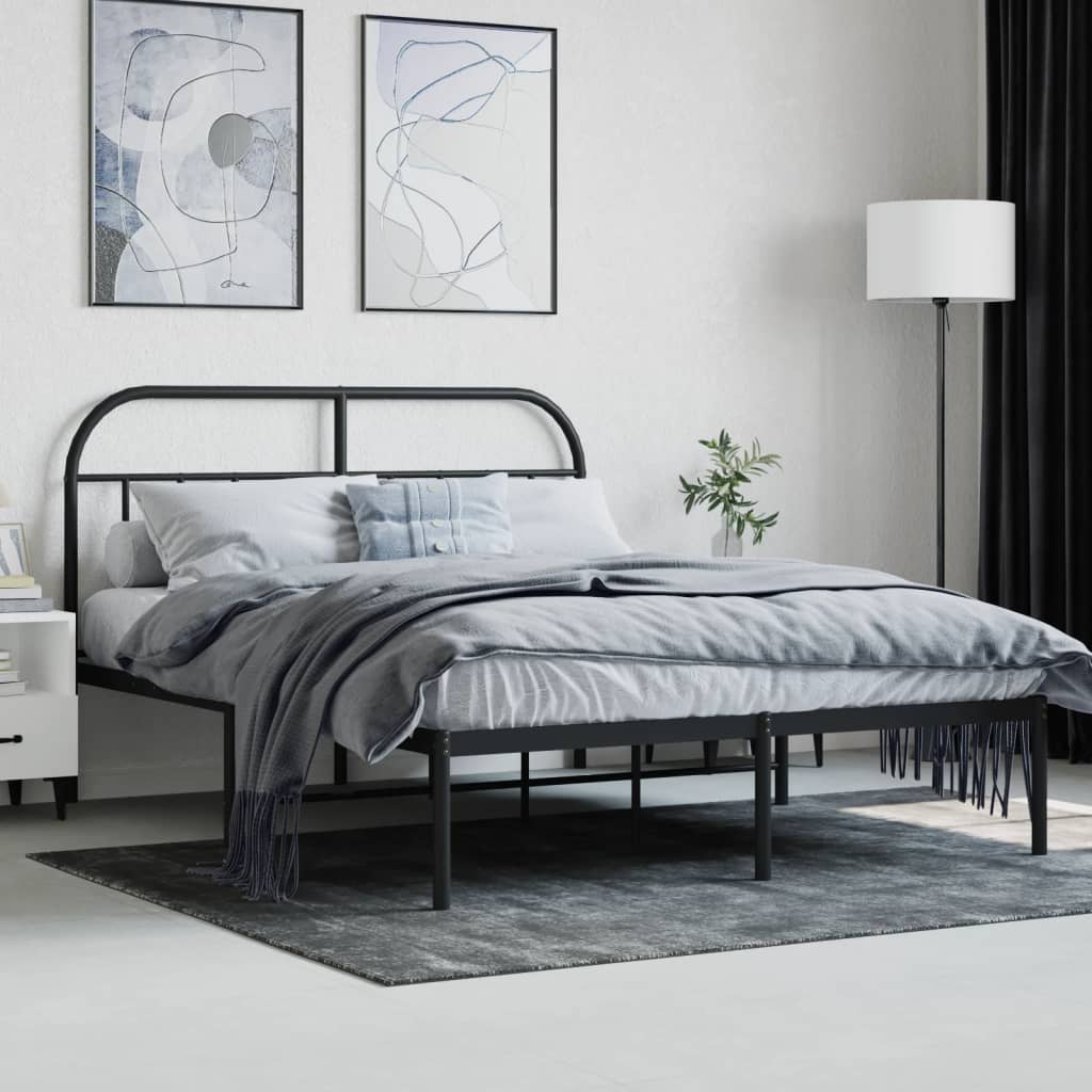 Black Metal Bed Frame with Headboard 140x200cm - Mattress Excluded