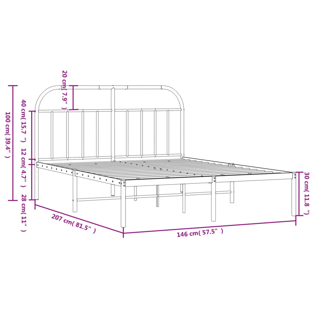 Black Metal Bed Frame with Headboard 140x200cm - Mattress Excluded