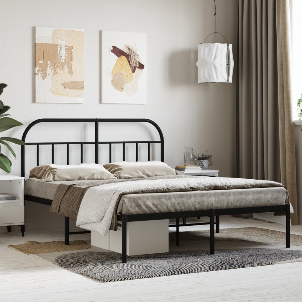 Black Metal Bed Frame with Headboard 140x200cm - Mattress Excluded