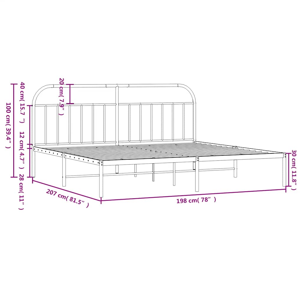 Sleek Black Metal Bed Frame with Headboard 193x203cm - No Mattress
