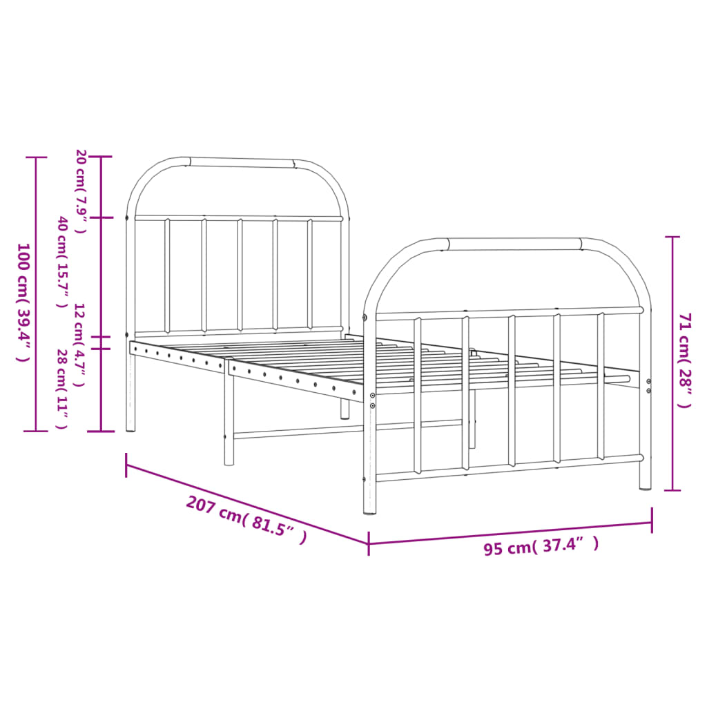 Sleek Black Metal Bed Frame with Footboard 90x200cm - No Mattress