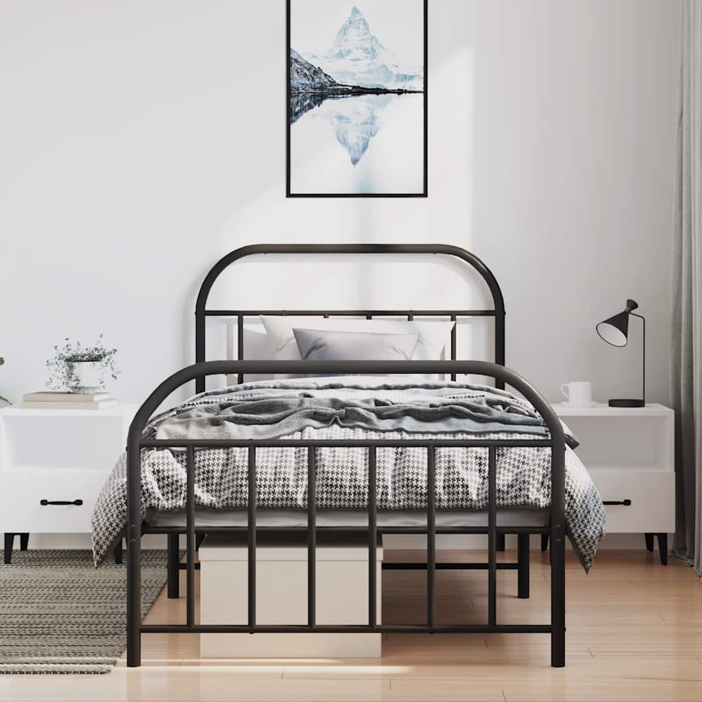 Stylish Black Metal Bed Frame 100x190cm with Footboard