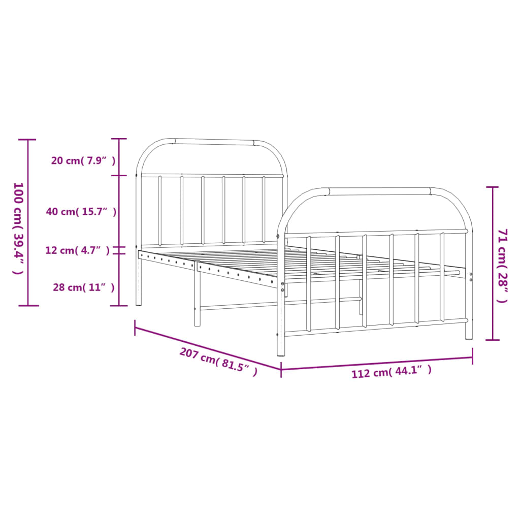 Black Metal Bed Frame with Footboard, 107x203cm, No Mattress