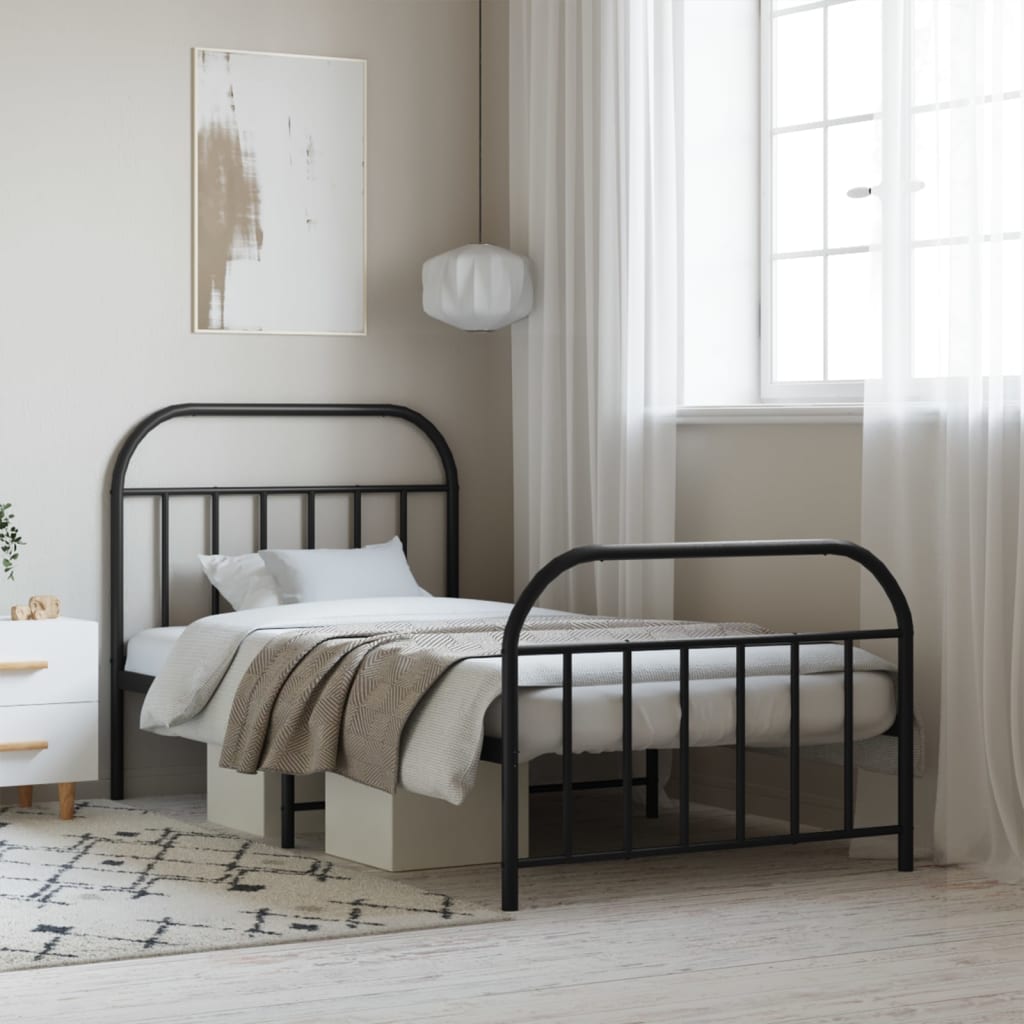 Black Metal Bed Frame with Footboard, 107x203cm, No Mattress
