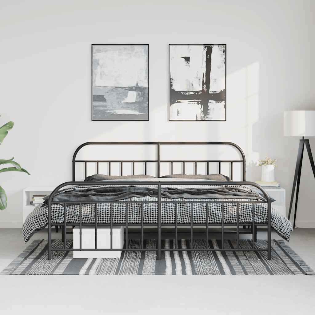 Black Metal Bed Frame with Footboard - 183x213cm Sturdy Design