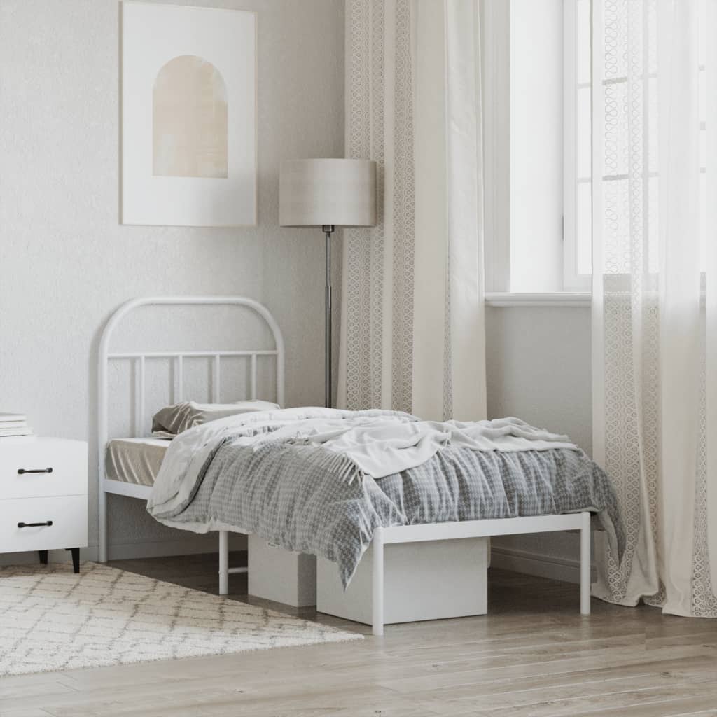 White Metal Bed Frame with Headboard, 75x190cm (No Mattress)