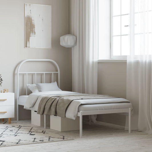 White Metal Bed Frame with Headboard, 75x190cm (No Mattress)
