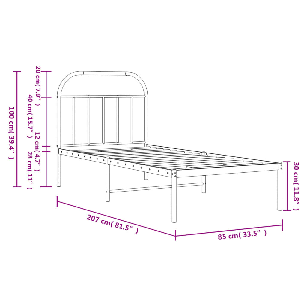 White Metal Bed Frame with Headboard, 80x200cm, No Mattress Included