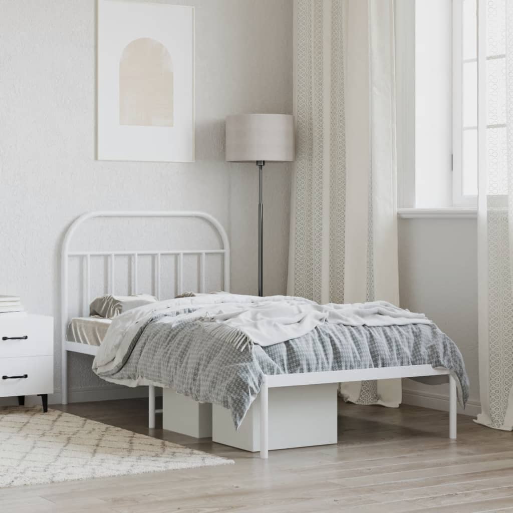 White Metal Bed Frame with Headboard - 107x203cm (Mattress Not Included)