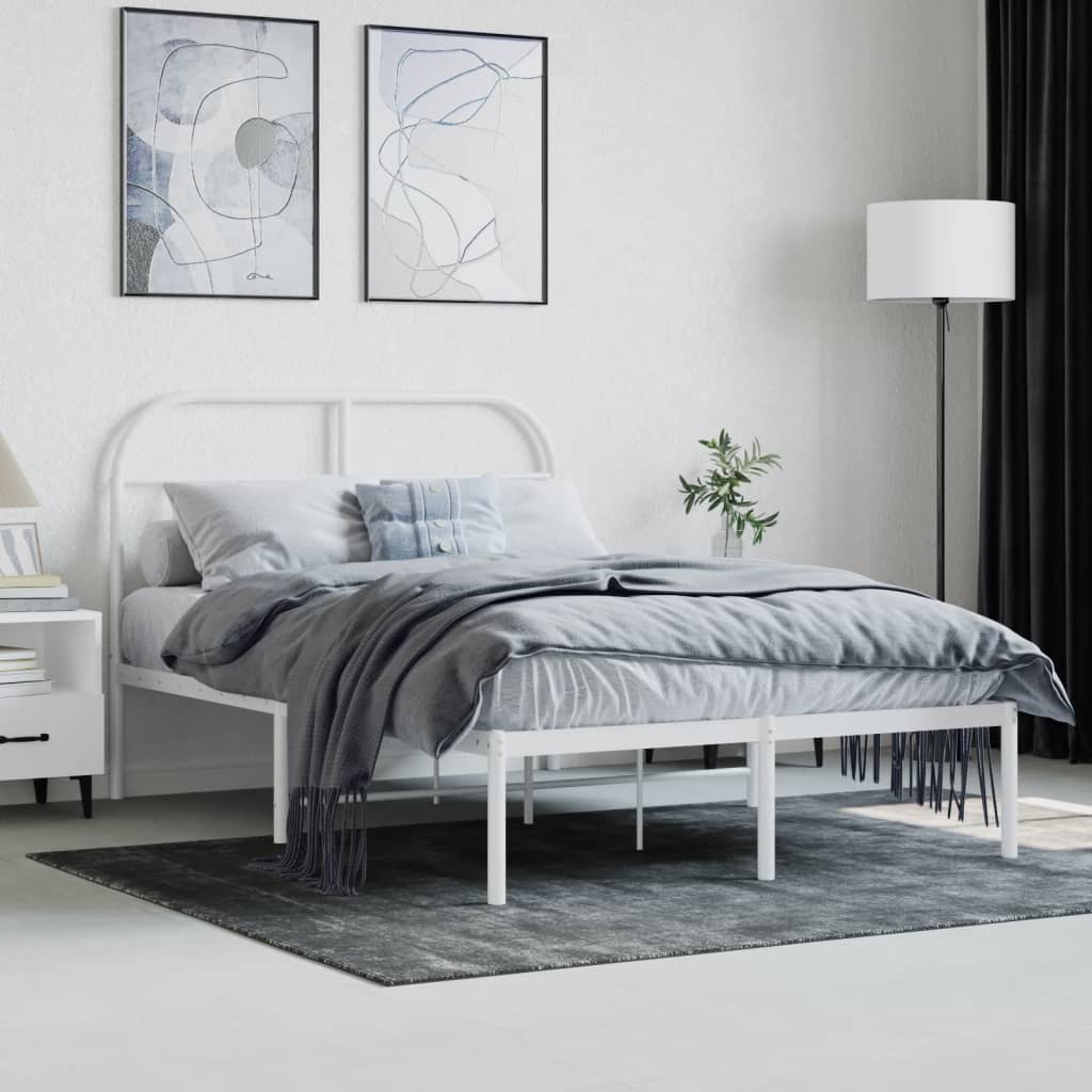 Sturdy White Metal Bed Frame with Headboard 120x190cm (No Mattress)