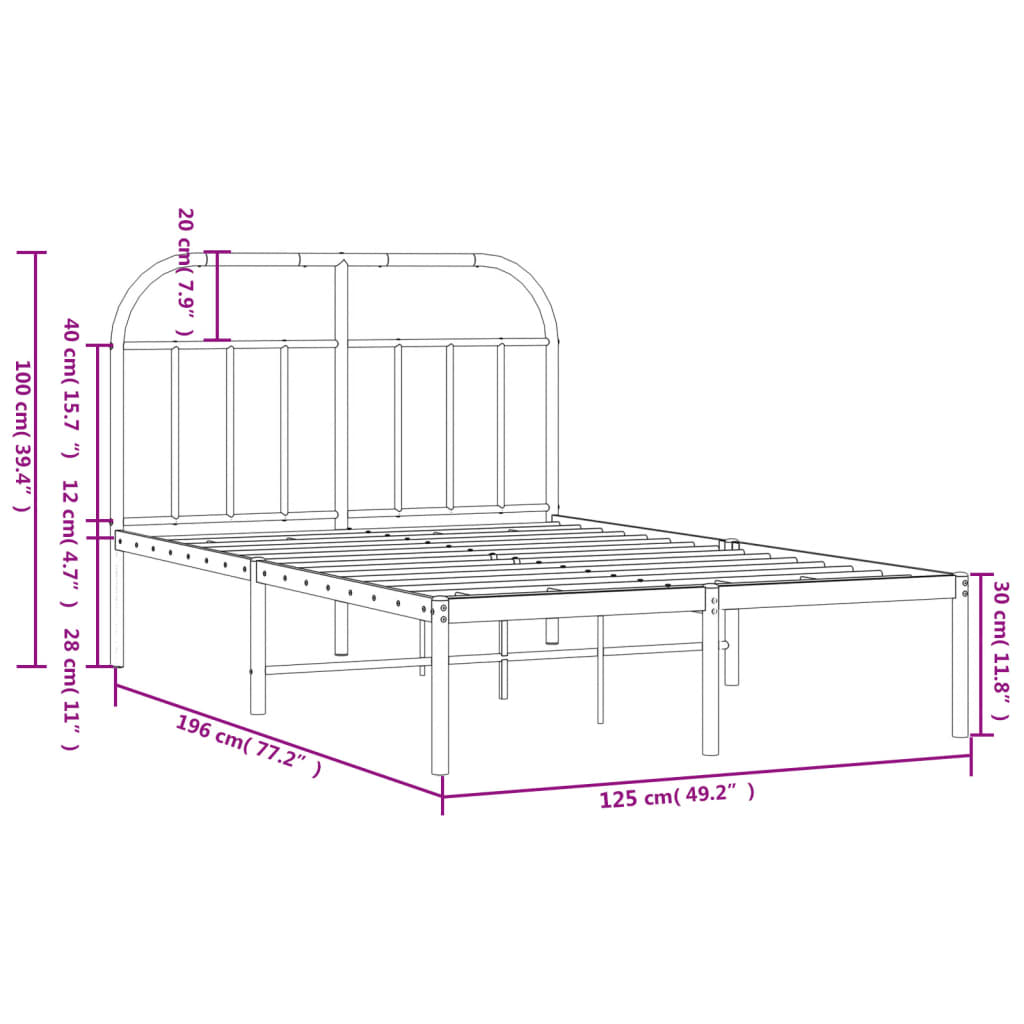 Sturdy White Metal Bed Frame with Headboard 120x190cm (No Mattress)