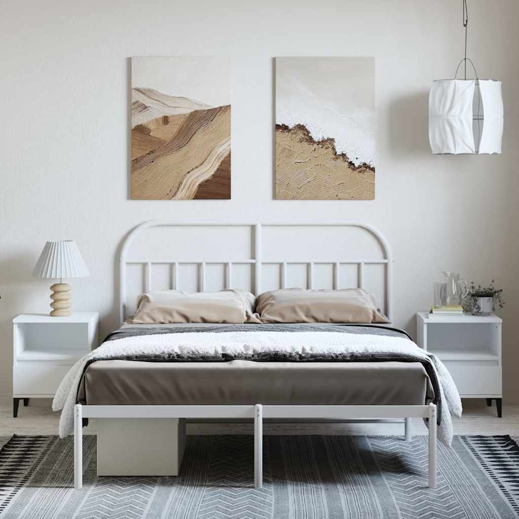 White Metal Bed Frame with Headboard, 135x190cm, No Mattress