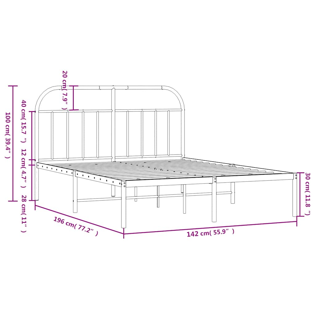 White Metal Bed Frame with Headboard, 135x190cm, No Mattress