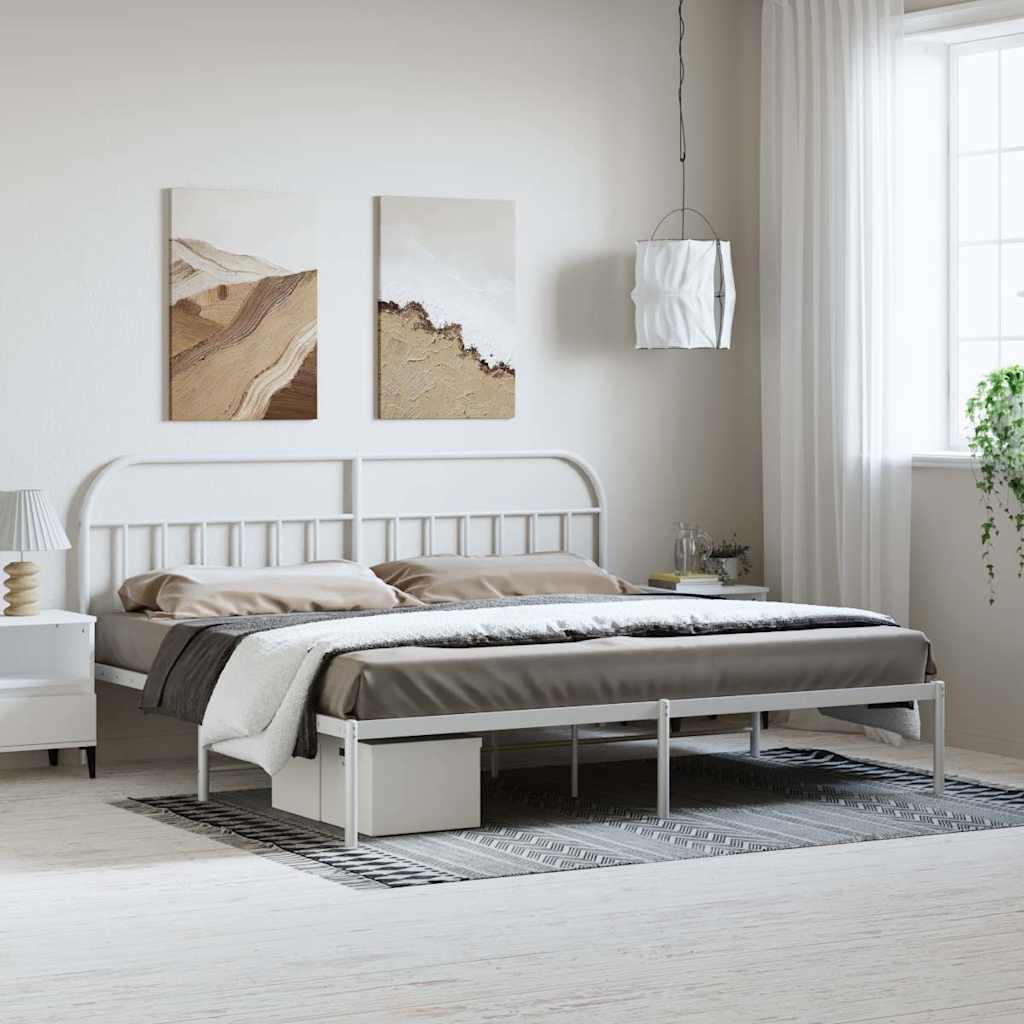 White Metal Bed Frame with Headboard, 193x203cm, No Mattress