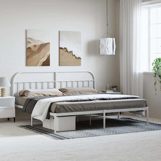 White Metal Bed Frame with Headboard, 193x203cm, No Mattress