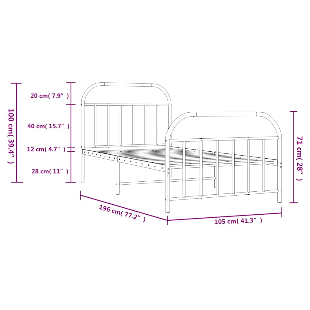 White Metal Bed Frame with Footboard 100x190cm - No Mattress