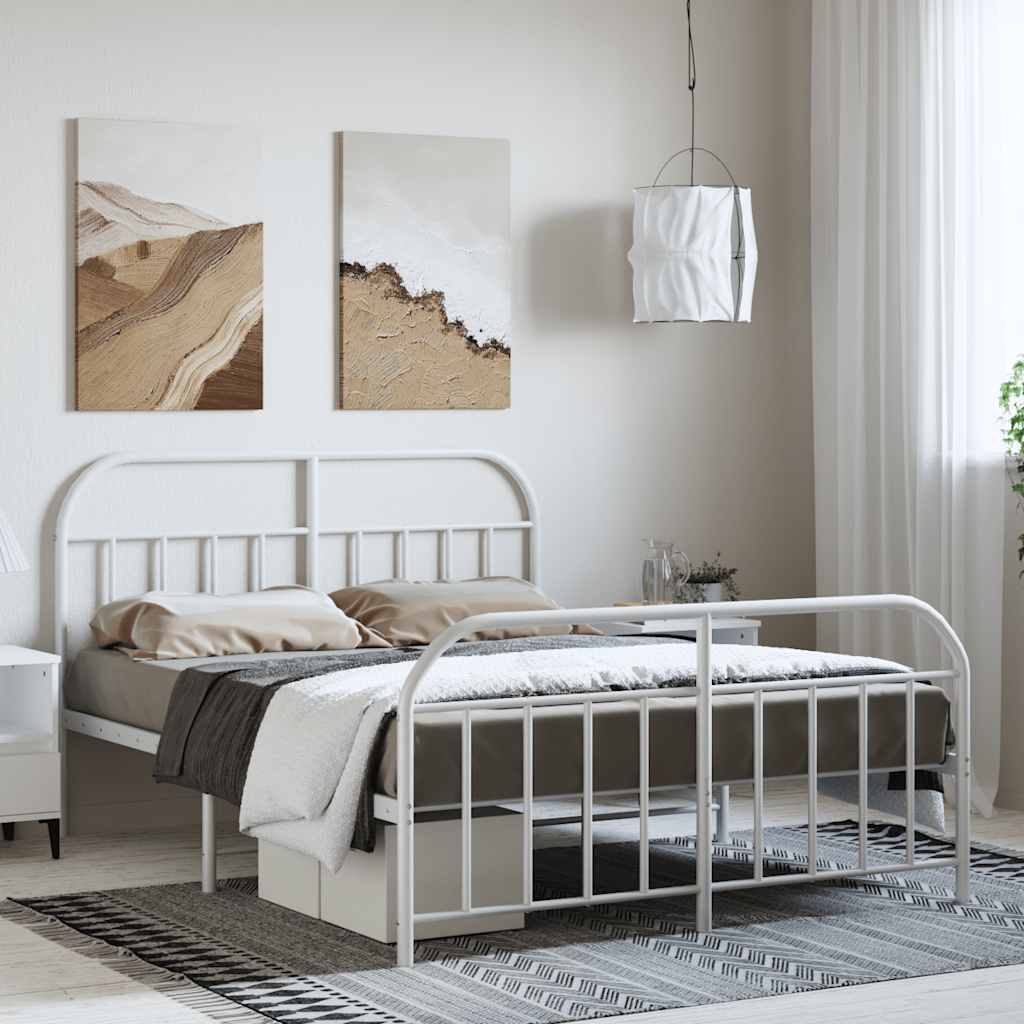 White Metal Bed Frame with Footboard - 135x190cm No Mattress