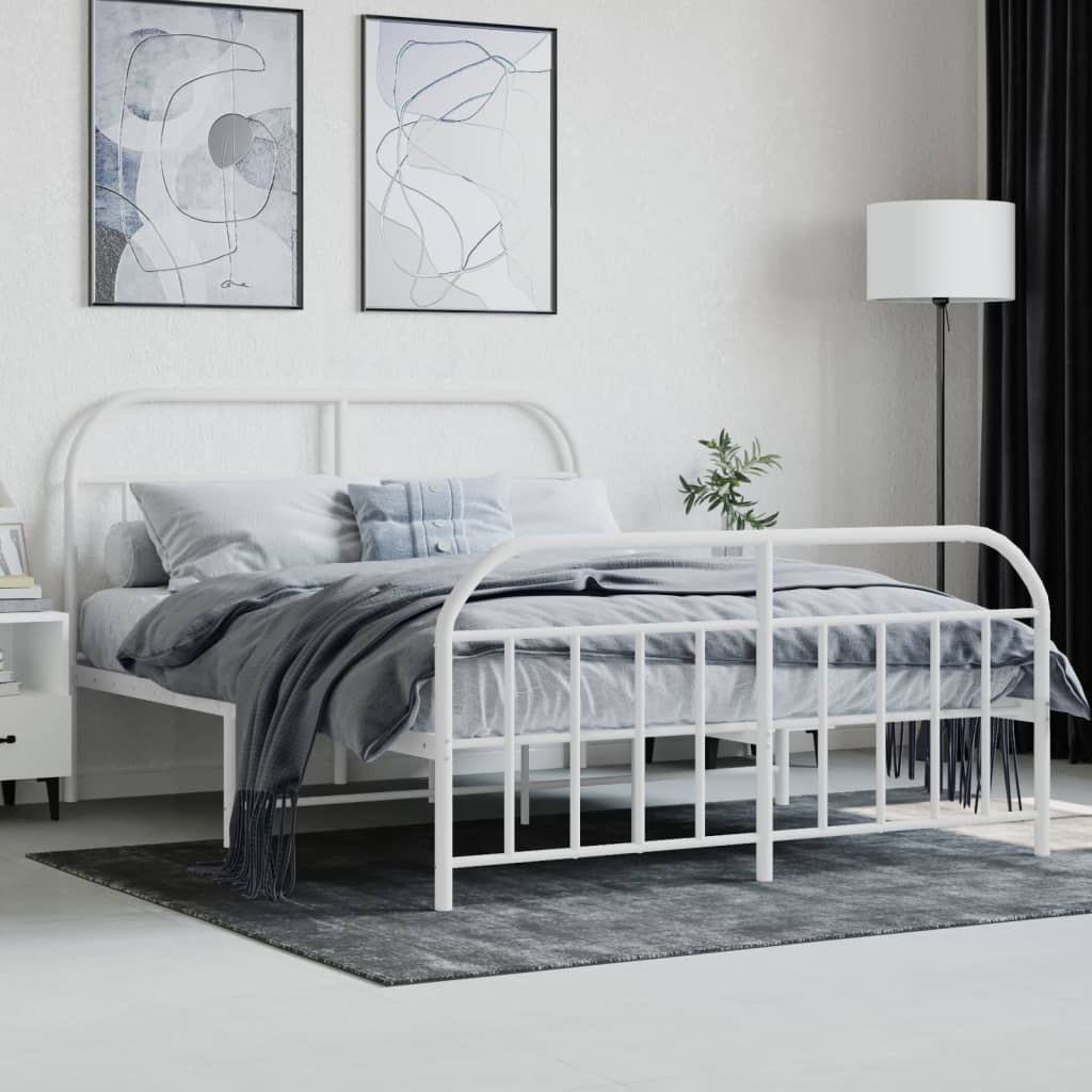 White Metal Bed Frame with Footboard 140x190cm - No Mattress Included