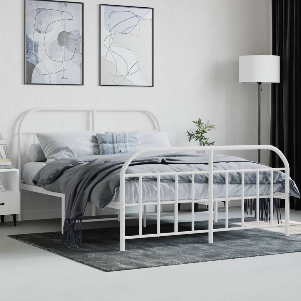 White Metal Bed Frame with Footboard, 140x200cm - Mattress Not Included