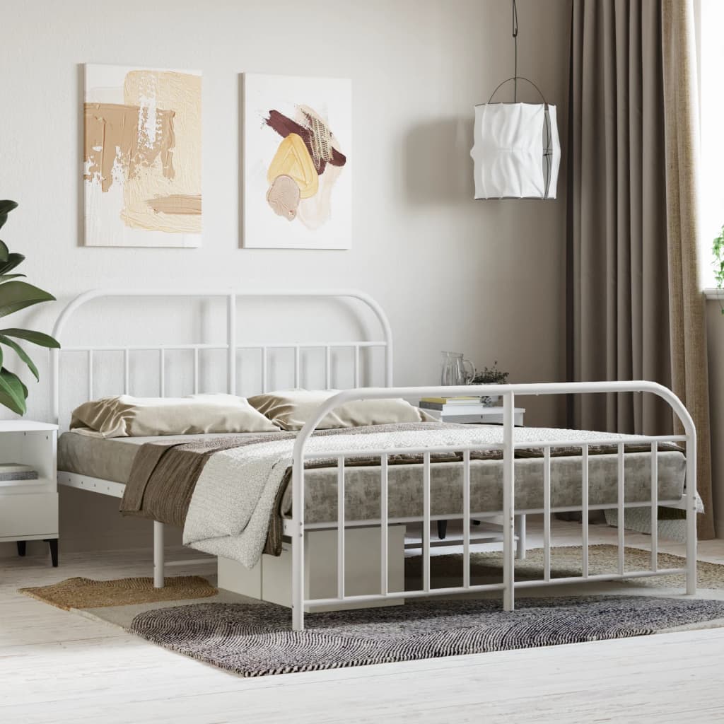 White Metal Bed Frame with Footboard, 140x200cm - Mattress Not Included