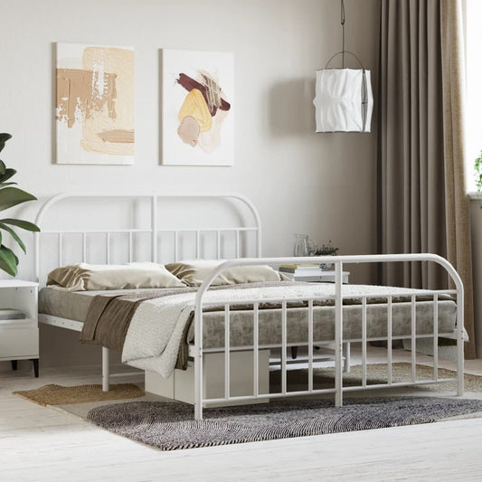 White Metal Bed Frame with Footboard, 140x200cm - Mattress Not Included