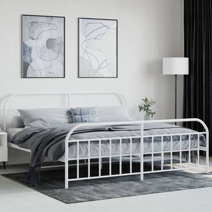 White Metal Bed Frame with Footboard - 200x200cm, No Mattress