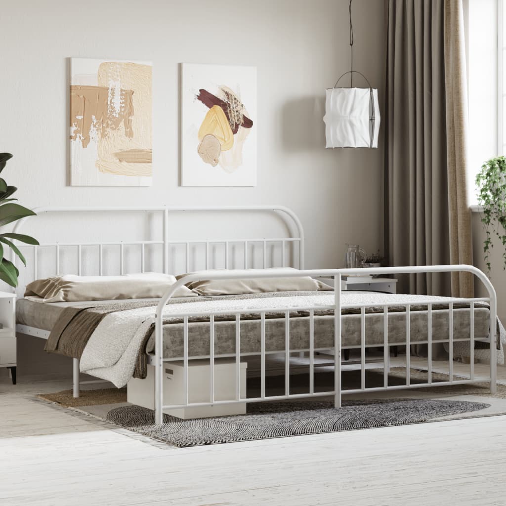 White Metal Bed Frame with Footboard - 200x200cm, No Mattress