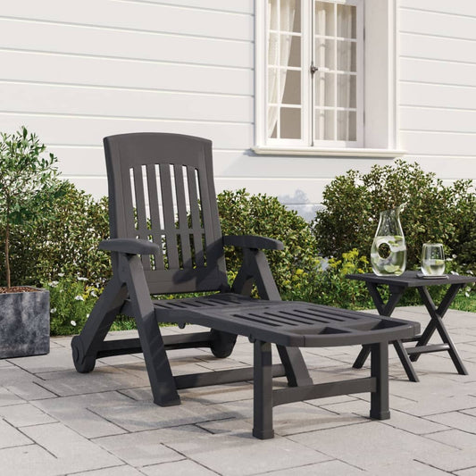 Anthracite PP Folding Sun Lounger with Wheels - Durable & Stylish