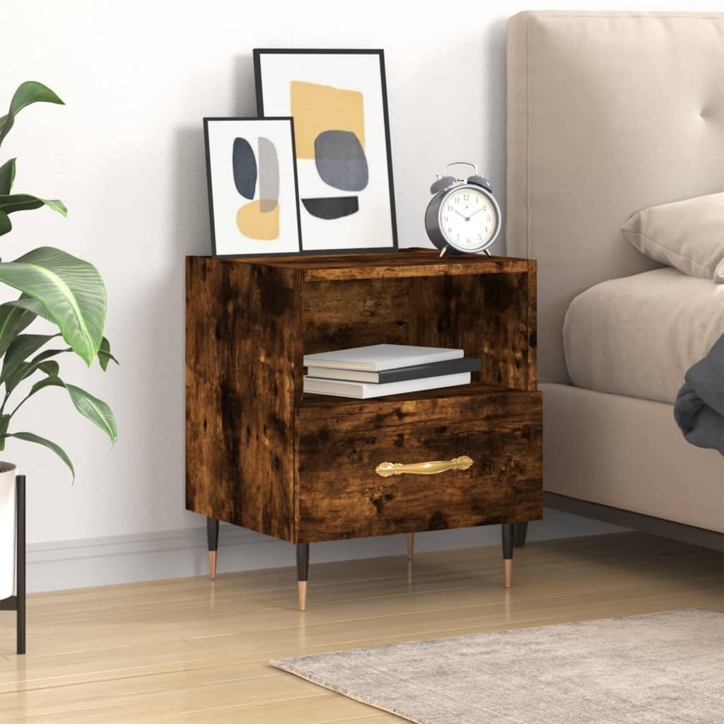 Compact Smoked Oak Bedside Cabinet 40x35x47.5 cm - Engineered Wood