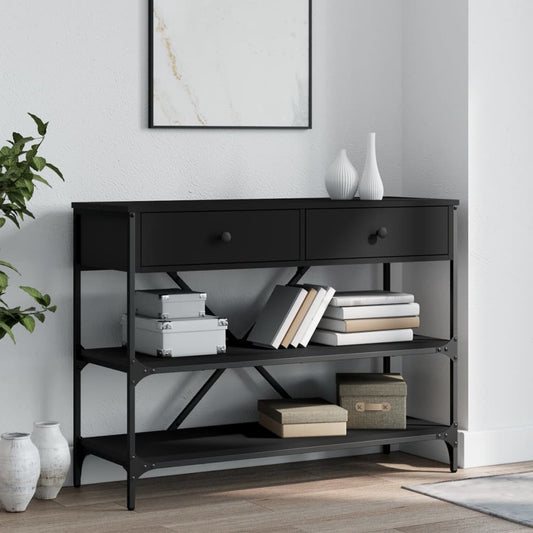 Black Engineered Wood Console Table with Drawers & Shelves