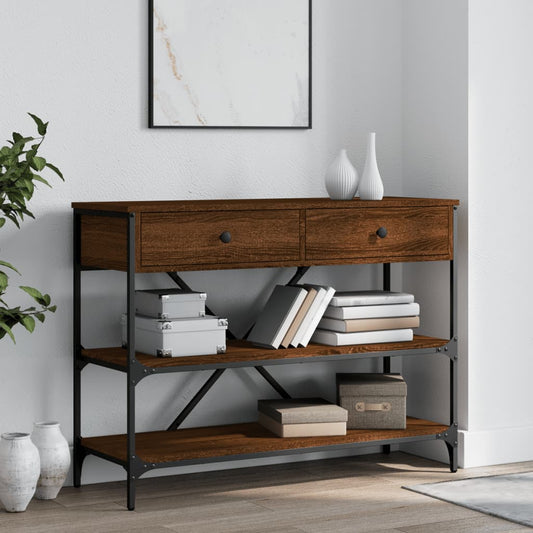 Brown Oak Console Table with Drawers & Shelves - Engineered Wood