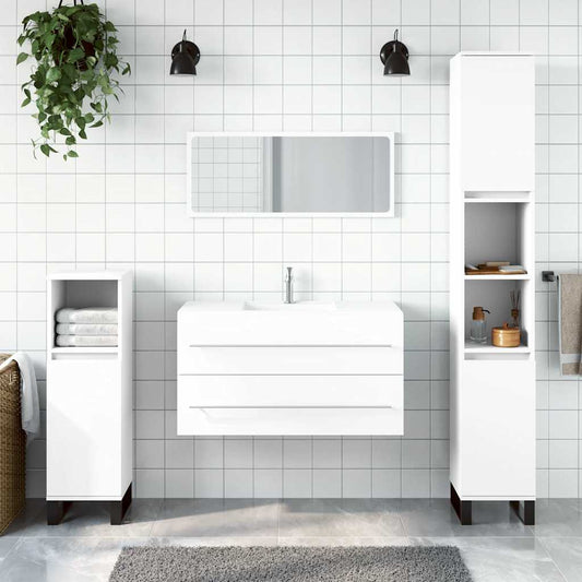 White Engineered Wood Bathroom Cabinet with Mirror - Elegant Design