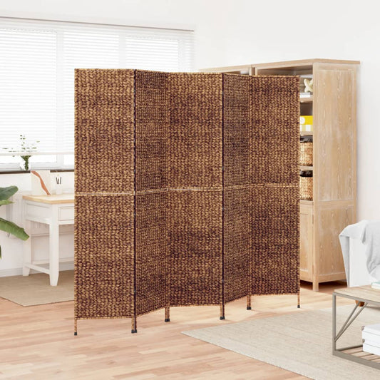 5-Panel Brown Room Divider 205x180 cm - Water Hyacinth Elegance