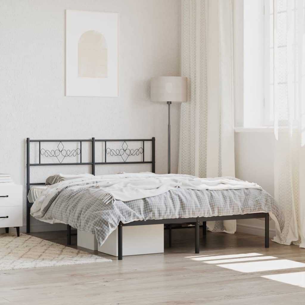 Black Metal Bed Frame with Headboard - 160x200cm Sturdy Design