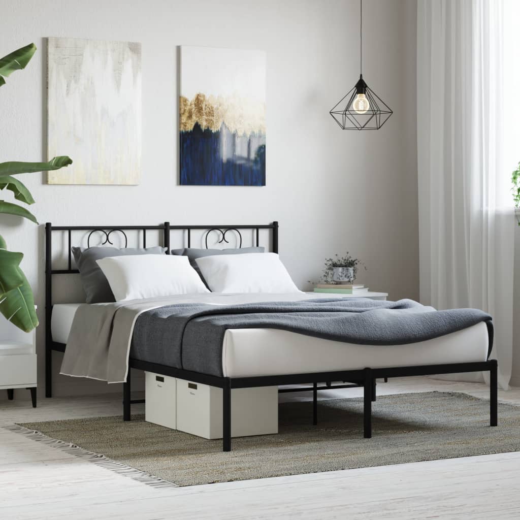 Sleek Black Metal Bed Frame with Headboard - 140x200cm