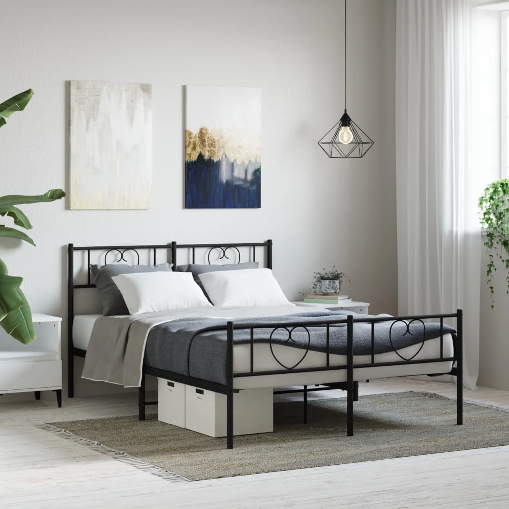 Sturdy Black Metal Bed Frame w/ Footboard - 120x190cm