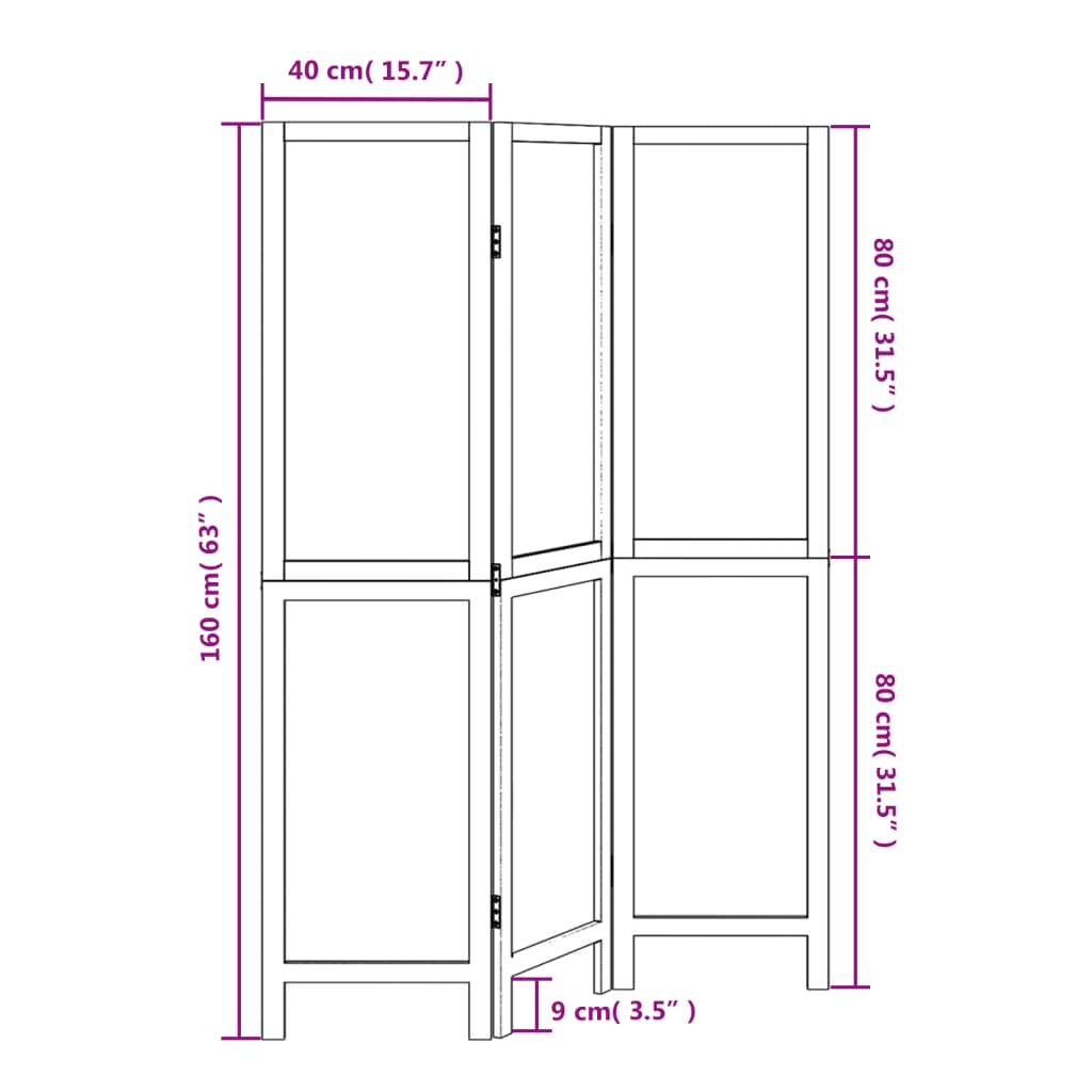 Dark Brown 3-Panel Room Divider - Solid Wood Paulownia