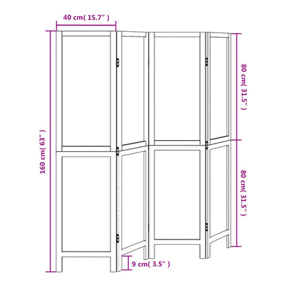 4-Panel Dark Brown Room Divider in Solid Paulownia Wood