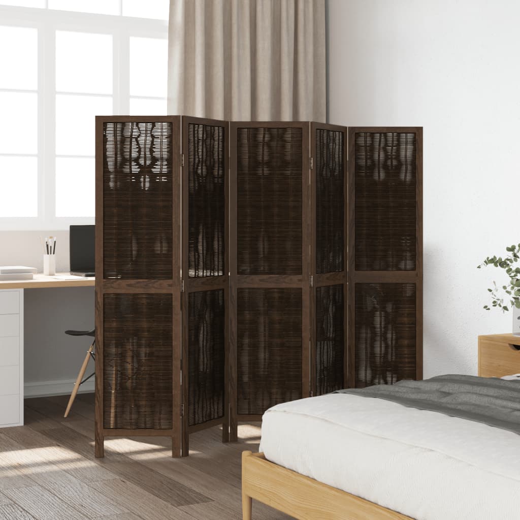 5-Panel Room Divider, Solid Wood Paulownia, Dark Brown Finish