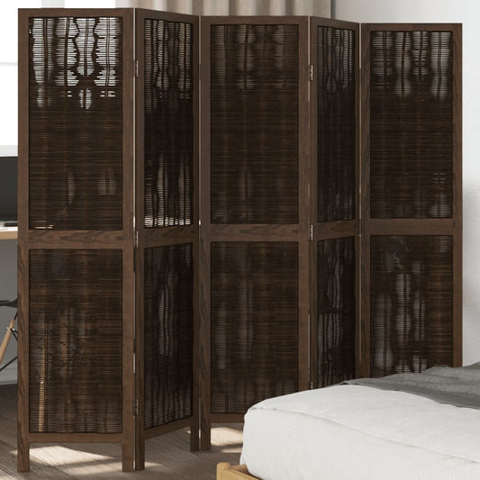 5-Panel Room Divider, Solid Wood Paulownia, Dark Brown Finish