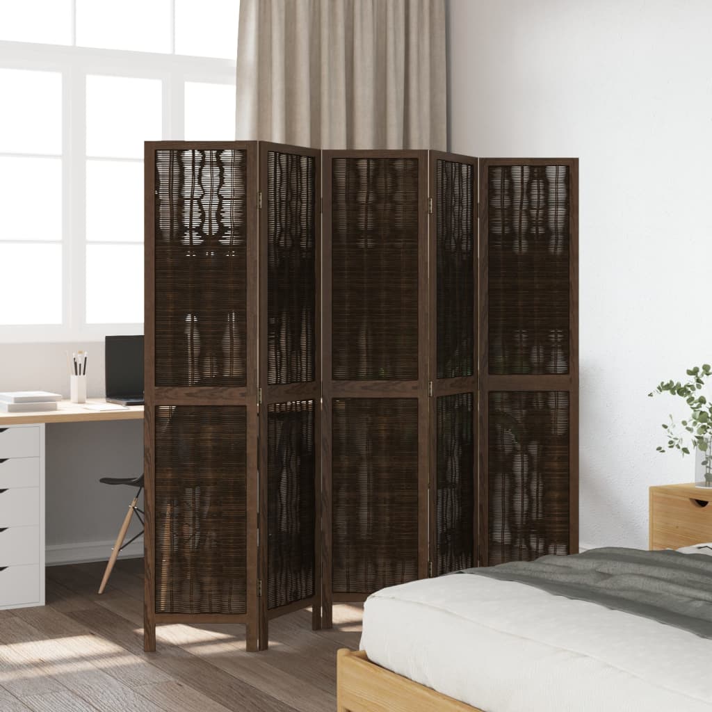 5-Panel Room Divider in Dark Brown Solid Wood Paulownia