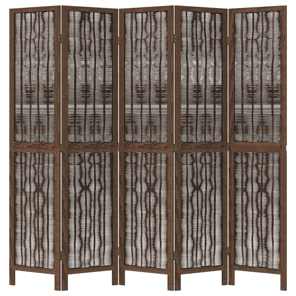 5-Panel Room Divider in Dark Brown Solid Wood Paulownia