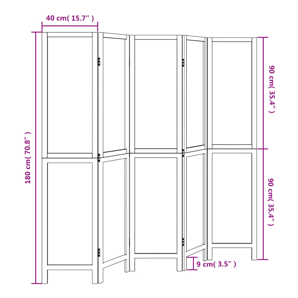 5-Panel Room Divider in Dark Brown Solid Wood Paulownia