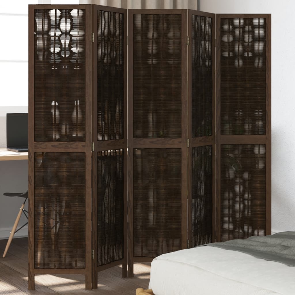 5-Panel Room Divider in Dark Brown Solid Wood Paulownia