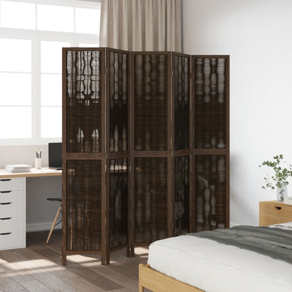 5-Panel Room Divider, Solid Paulownia Wood, Dark Brown Finish
