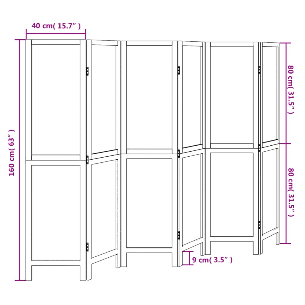 Dark Brown 6-Panel Room Divider in Solid Wood Paulownia