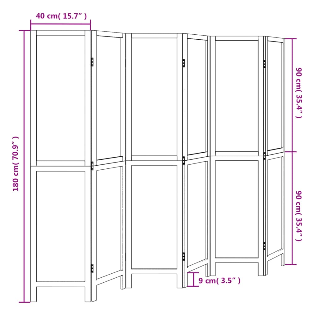 6-Panel Dark Brown Solid Wood Paulownia Room Divider Screen