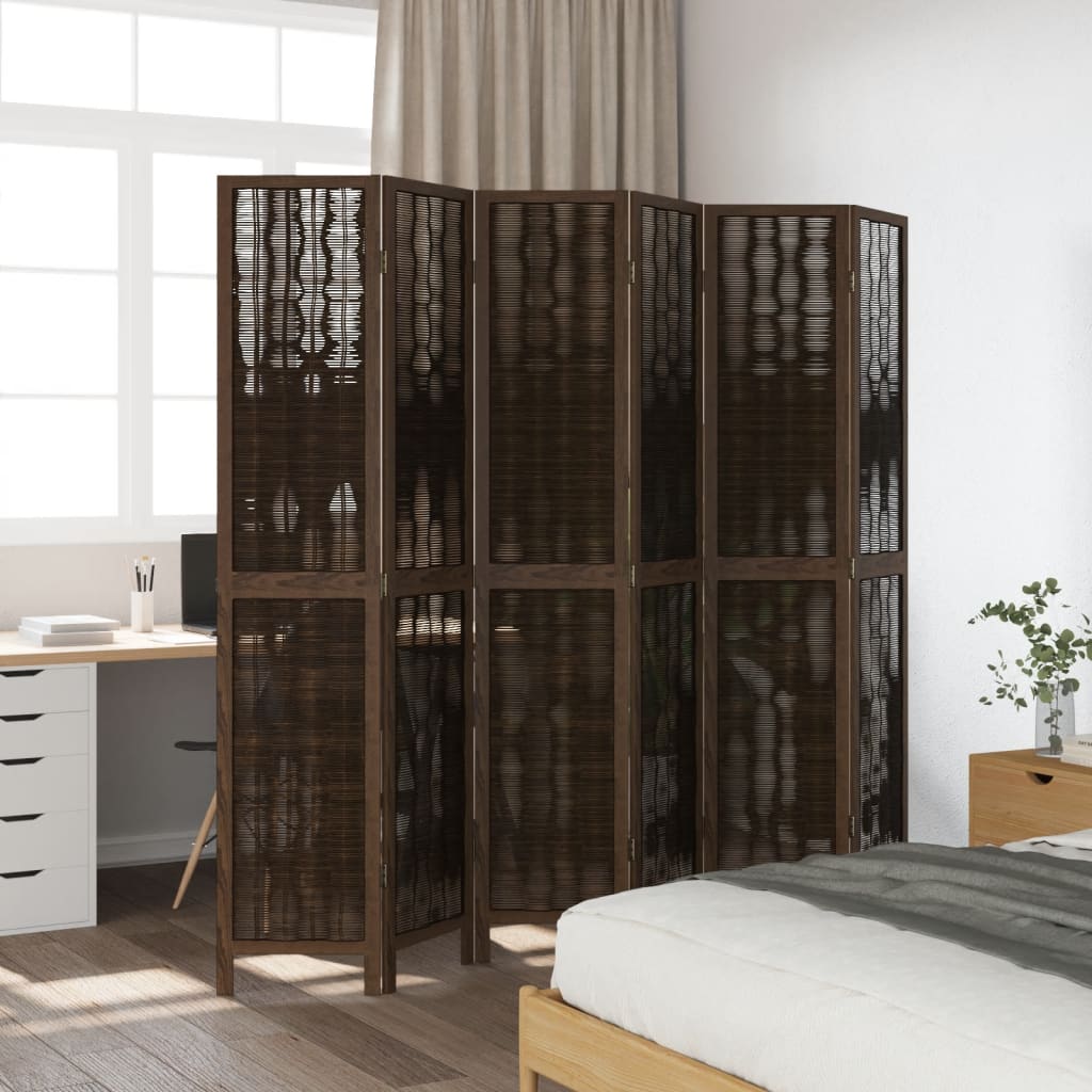 6-Panel Dark Brown Solid Wood Room Divider - Paulownia