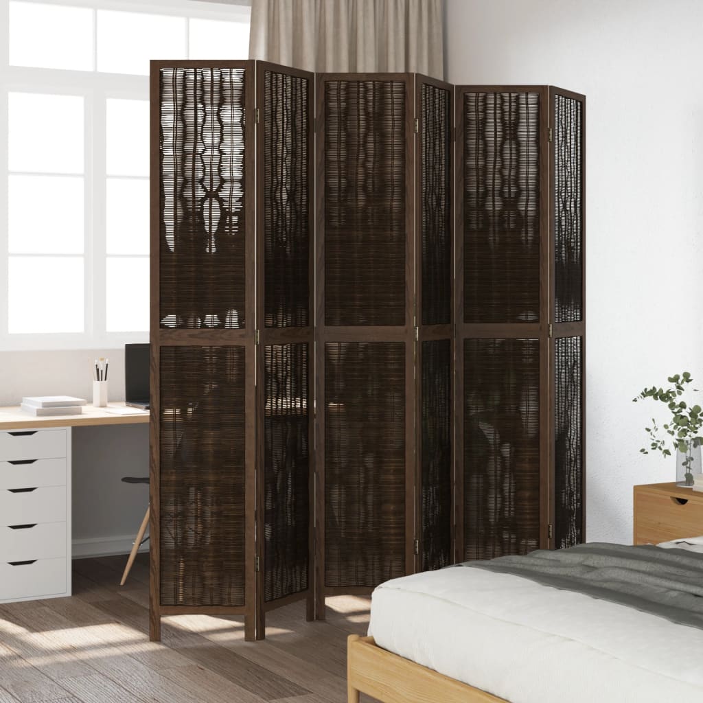 6-Panel Solid Paulownia Wood Room Divider - Dark Brown Finish